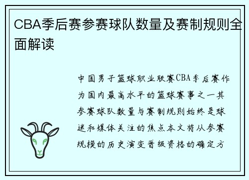 CBA季后赛参赛球队数量及赛制规则全面解读